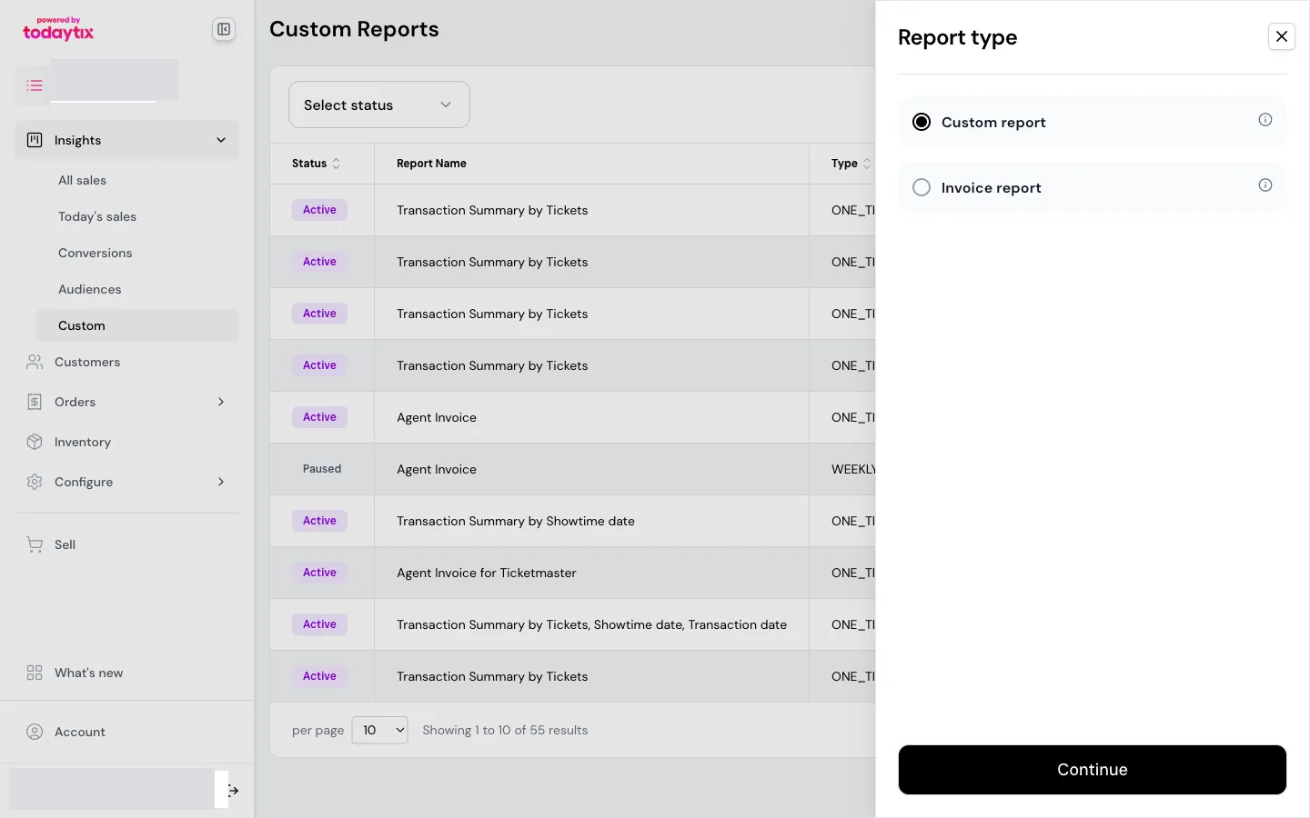 Select Custom report or Invoice report.