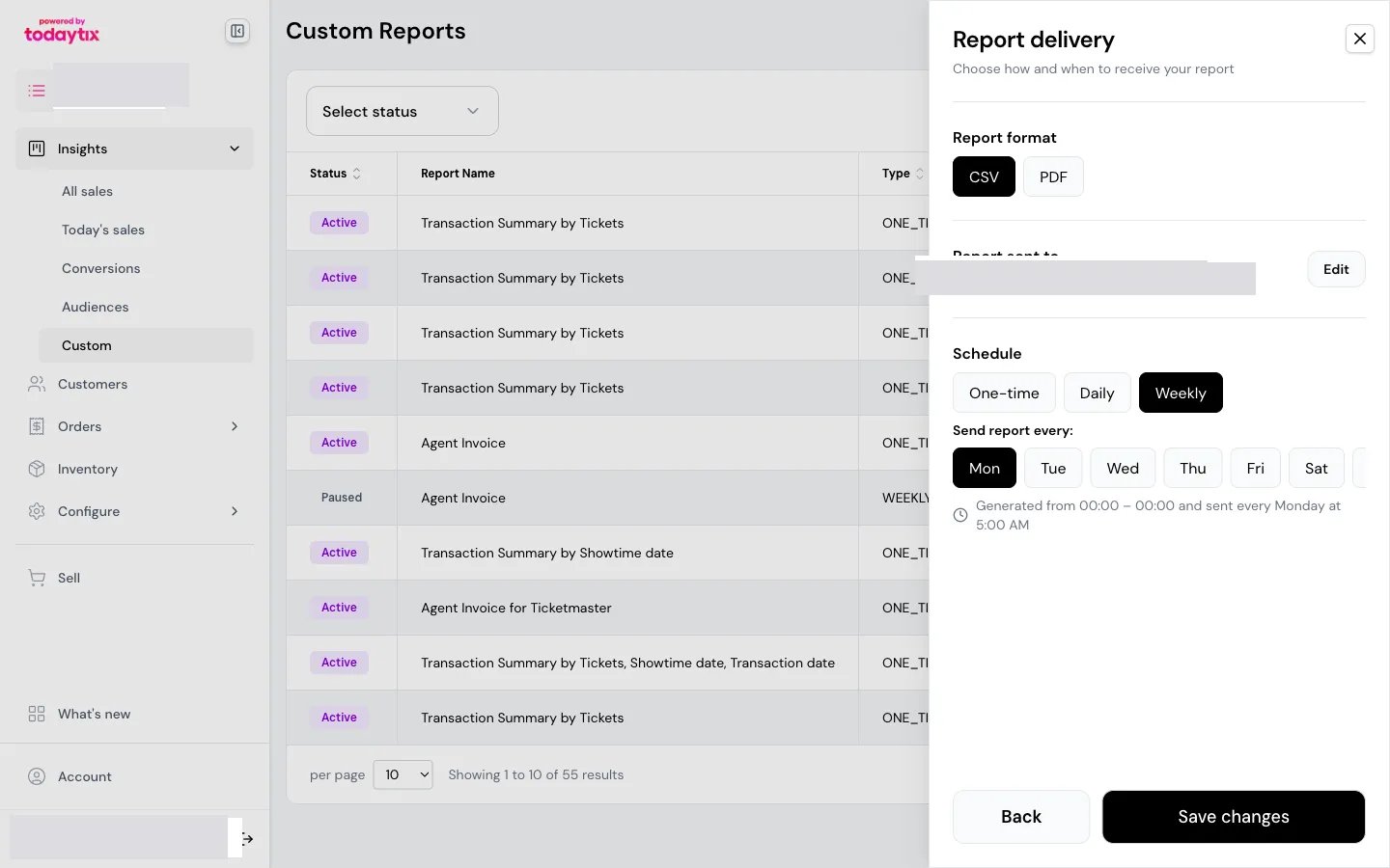 Weekly schedule with day-of-week picker — choose when to receive the report.