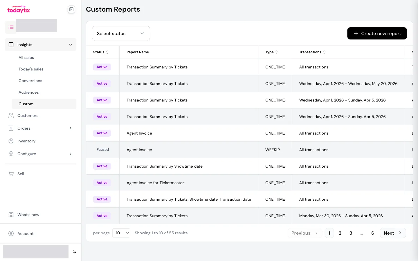 The Custom Reports list shows all existing reports with their status, type, and schedule.