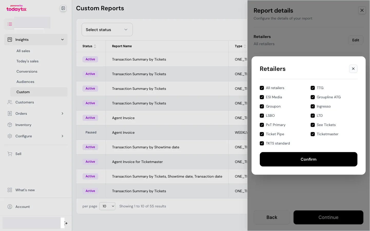The retailer picker showing all available retailers with checkboxes.